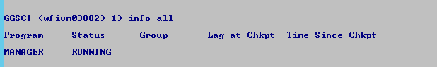 Machine generated alternative text: GGSCI
              (wfiumø3882) 1) info all Group Lag Chkpt T ime Since Chkpt
              Program MRNA GER Status RUNNING 