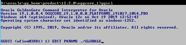 Machine generated
              alternative text: : _homeX roductX12 . 2 . øXO core A sci
              Oracle GoldenGate Command Interpreter for Oracle Uersion
              19.1.ø.ø.4 Windows x64 (optimized). Oracle 12c on Oct 19
              2M 9 12:52 Operating system character set identif ied as
              windows—1252. reserved. Copyright (C) 1995. GGSCI 2M 9.
              Oracle and/or its affiliates. RI I rights 1) EDIT PRRRMS 