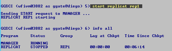 Machine generated alternative text: GGSCI ("f
              iumØ3882 as ggateediego) Sending START request to MANAGER
              . REPLICAT REPI starting GGSCI ("f iumØ3882 as
              ggateediego) start re licat re Since Chkpt 6) info all Lag
              at Chkpt øø:øø:øø Program MRNA GER REPLICAT Status RUNNING
              s TOPPED Group T ime 