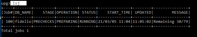 Machine generated alternative text:
                upo I Job*lDB NAMEI STAGE I OPERATIONI STATUSI START
                TIMEI UPDATEDI MESSAGE I I 38/791 Total jobs 1 