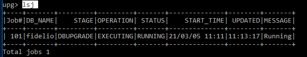 Machine generated alternative text:
                upo I Job*lDB NAMEI STAGE I OPERATIONI STATUSI START
                TIME-I UPDATEDIMESSAGEI | 181 11:11 Total jobs 1 