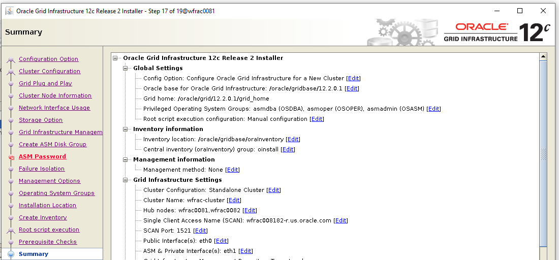 Machine generated alternative text: Oracle Grid
          Infrastructure 12c Release 2 Installer - Storage Option
          Information Step 6 of 160MracDD81 ORACLE 12 GRID
          INFRASTRUCTURE Confiauration Ootion Cluster Confiauration Grid
          Plua and Plav Cluster Node Information Network Interface Usaae
          Storage Option Grid Infrastructure Mana em Create ASM Disk
          Group ASM Password Operating System Groups Installation
          Location Oracle Cluster Registry (OCR) files. voting disk
          files and other cluster-ware data will be configured with
          Oracle ASIvt You can choose to configure Oracle ASM on block
          devices or on a NFS locatiorL Configure ASM using block
          devices Configure ASM on NFS 