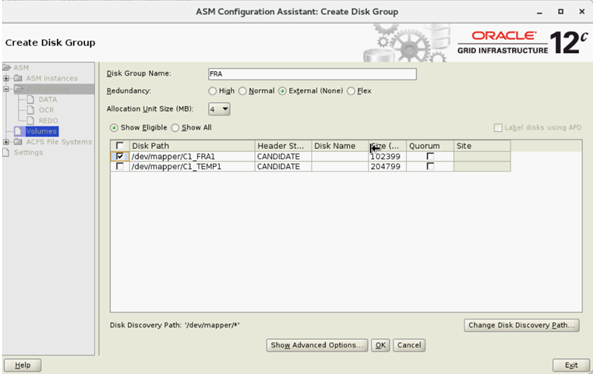 Machine generated alternative text: Cre ate Disk Group ASH
        Disk ORAcL_e 12 appe 20"99 