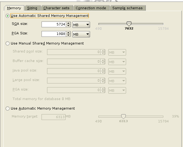 Machine generated alternative text: Use Automatic Shared
        Memory Managemen SGA size: PGA Size: 5724 7632 1908 Use Manual
        Shared Memory Management Shared pool size: Buffer cache size:
        Total memory for database O MB Use Automatic Memory Management 
